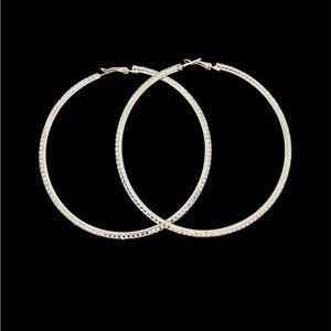 ELEGANT X-LARGE SILVER TONE SPARKLE HOOP EARRINGS